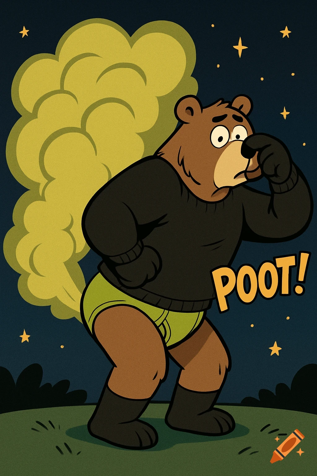 A cartoon bear in a black sweater and green briefs pinches its nose as yellow fumes rise from its rear, with "POOT!" text.