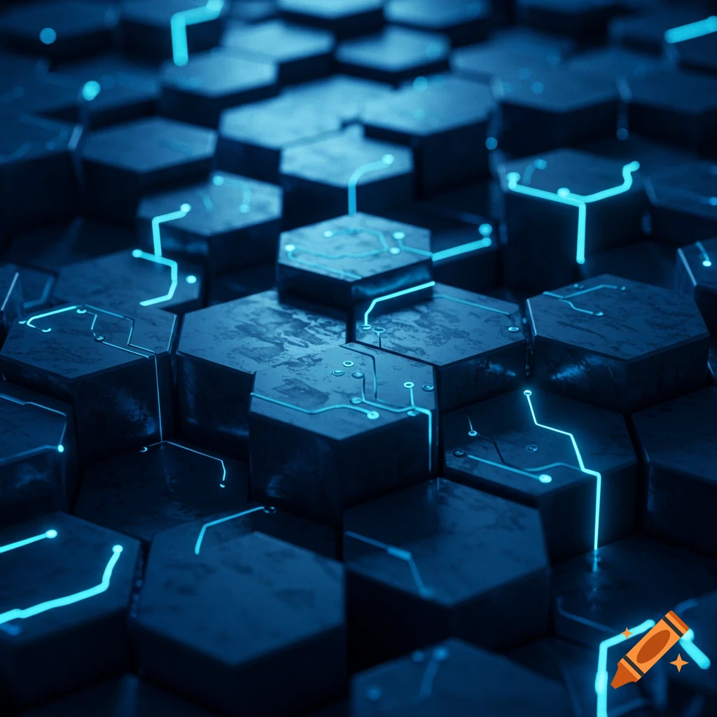 A dark image of interconnected blue glowing hexagonal structures forming a digital or futuristic landscape.