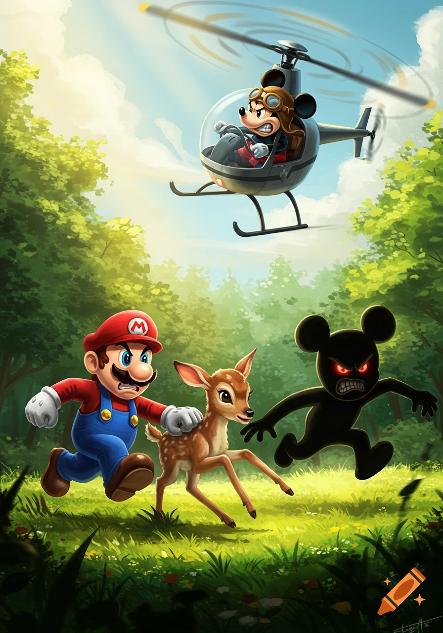 Cartoon illustration of Mario chasing a shadowy figure kidnapping a fawn, with an angry Mickey Mouse in a helicopter overhead.