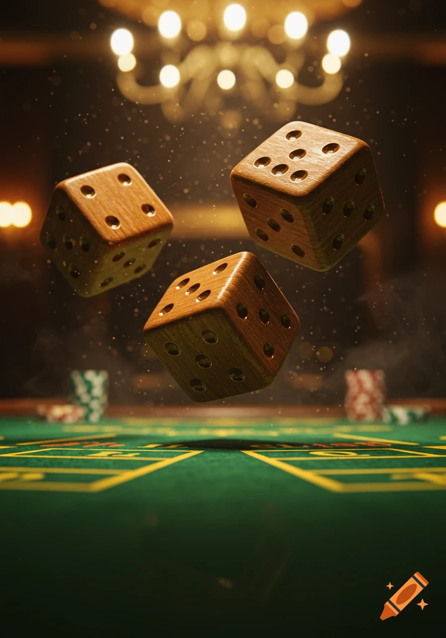 Three wooden dice float above a green casino table with chips and blurred lights in the background, featuring floating particles.