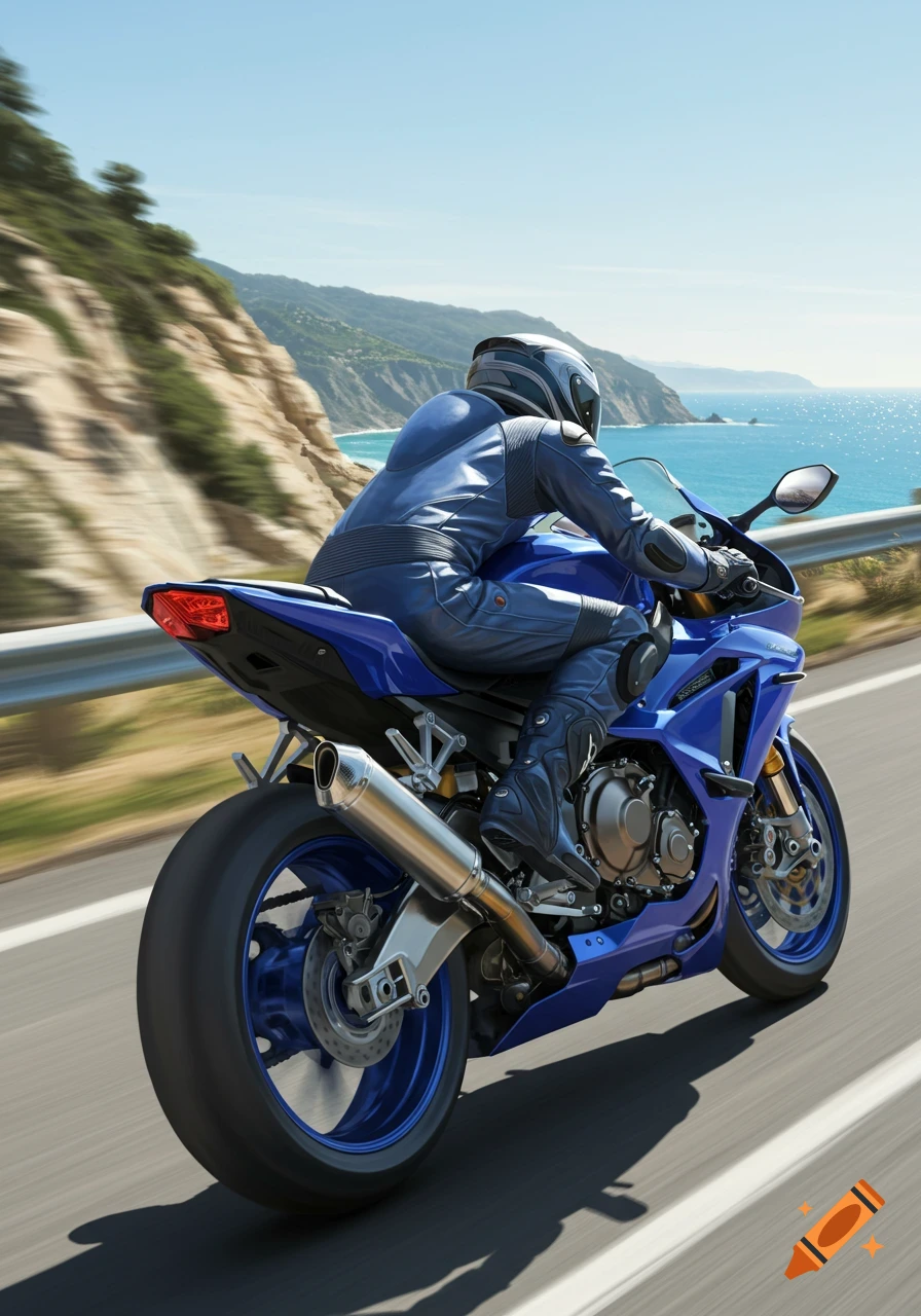 Photorealistic blue sports motorcycle with a rider on a winding coastal road overlooking the ocean.