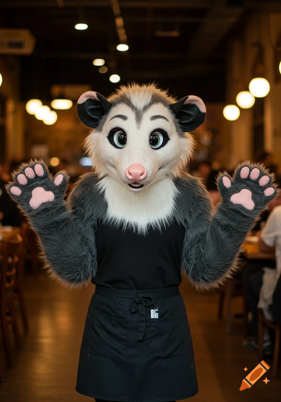 A photorealistic image of a female waitress in a detailed gray and white opossum fursuit, standing with paws raised in a restaurant.
