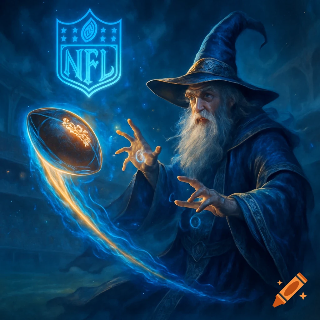 A wizard in blue robes uses magic to levitate a glowing American football, with a neon NFL logo floating above, in a mystical digital art style.