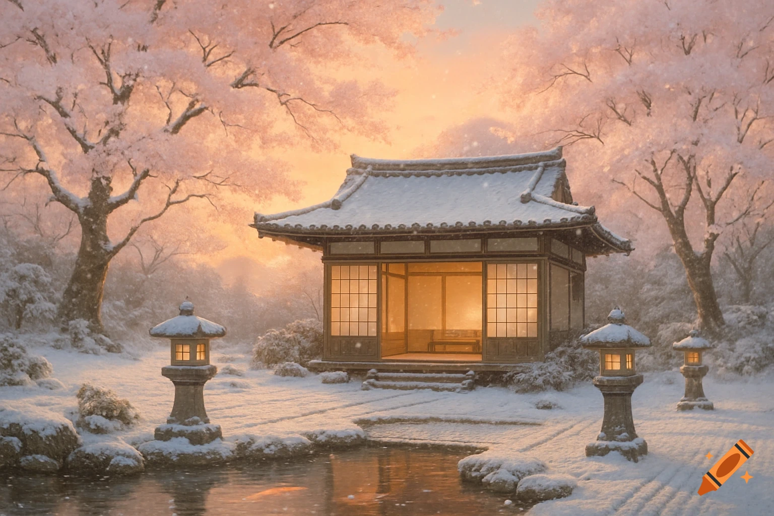 A snowy Japanese garden with a traditional house, stone lanterns, a pond, and pink cherry blossom trees at sunrise.