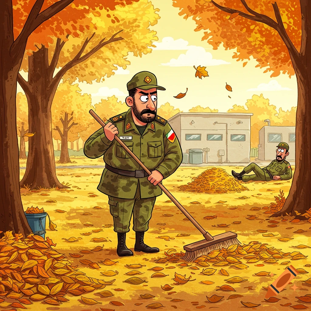 Funny cartoon of an Iranian soldier sweeping a military base covered in autumn leaves, while another soldier relaxes nearby.