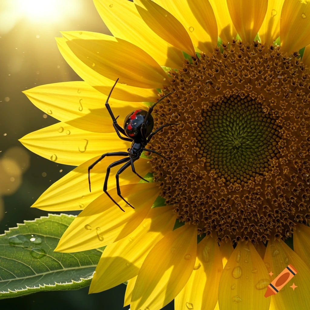 A photorealistic black widow spider with a red hourglass marking on its abdomen, climbing a bright yellow sunflower with water droplets.