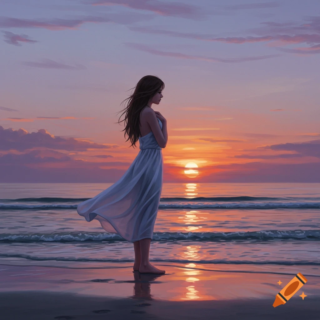 Digital painting of a lone woman in a white dress standing on a beach, gazing at a vibrant orange and purple sunset over the ocean.