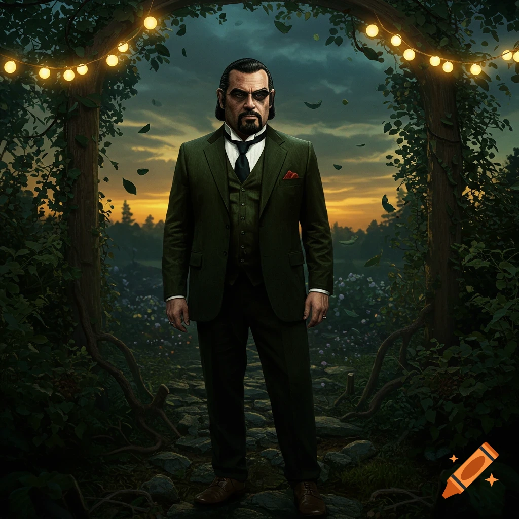 A stern man in a dark green suit stands on a forest path under string lights at dusk. Stylized fantasy portrait.