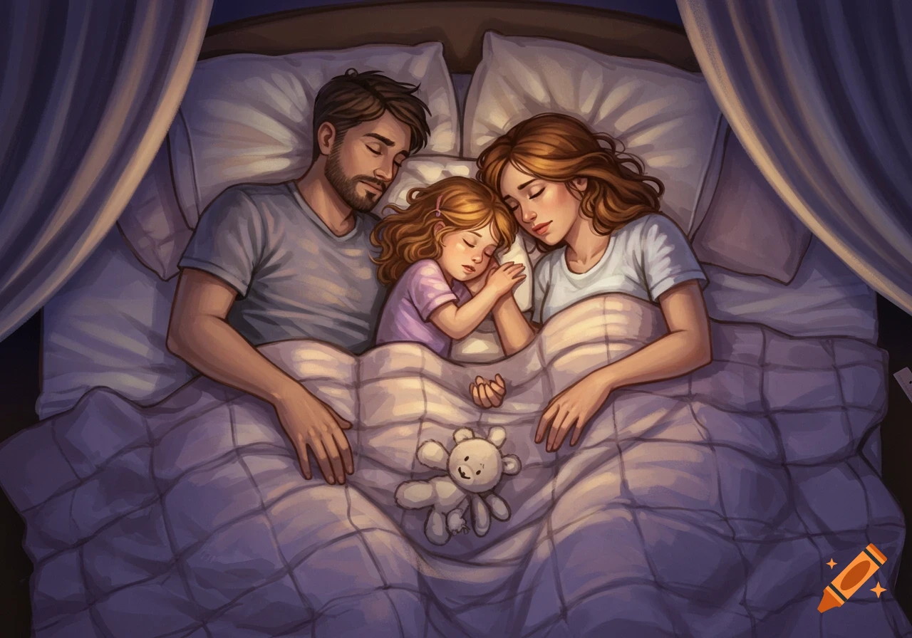 An overhead illustration of a father, mother, and their young daughter sleeping soundly in a bed with a teddy bear.