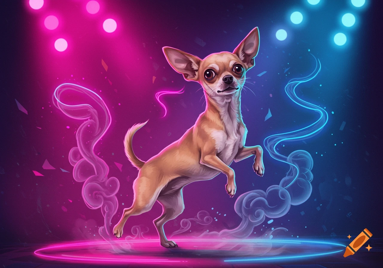 A stylized chihuahua stands on a glowing blue and pink stage, illuminated by neon lights and surrounded by glowing smoke. Digital art.