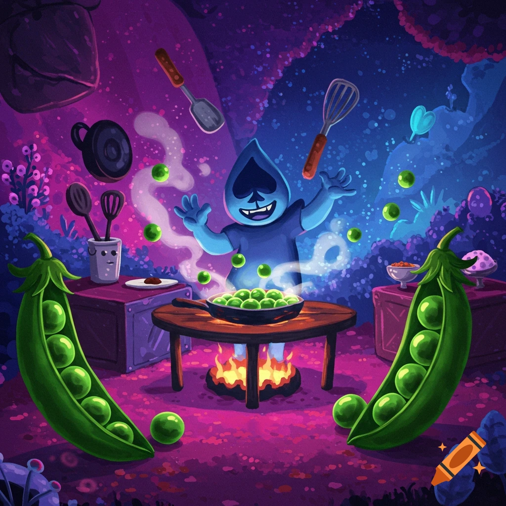 Lancer from Deltarune cooks peas in a glowing pan over fire, surrounded by floating peas and large pea pods in a vibrant fantasy landscape.