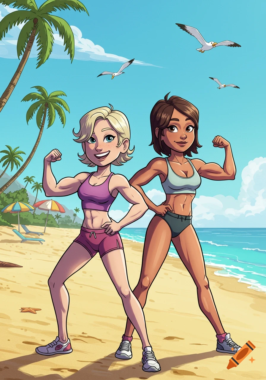 Cartoon of two women, one blonde and one brunette, flexing muscles on a sunny beach with palm trees and seagulls.