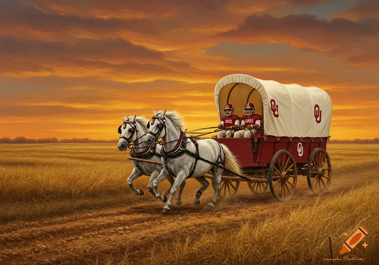 A covered wagon, drawn by two white horses, carries two football players in helmets through a golden field at sunset.