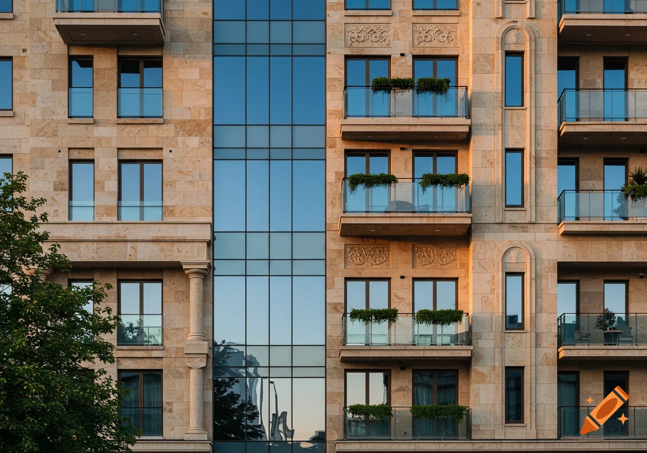 A modern building facade featuring a mix of stone and large blue glass panels, with balconies adorned with plants.