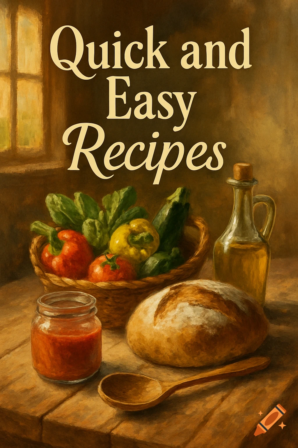 Painterly still life with a basket of vegetables, bread, oil, and sauce on a wooden table, titled 'Quick and Easy Recipes'.