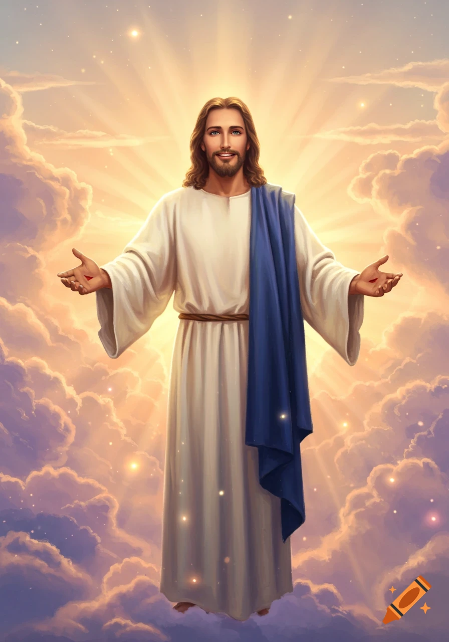 Digital painting of Jesus with long brown hair, beard, kind eyes, and a smile, wearing a white robe and blue sash, arms outstretched in a welcoming gesture, surrounded by radiant light and clouds.