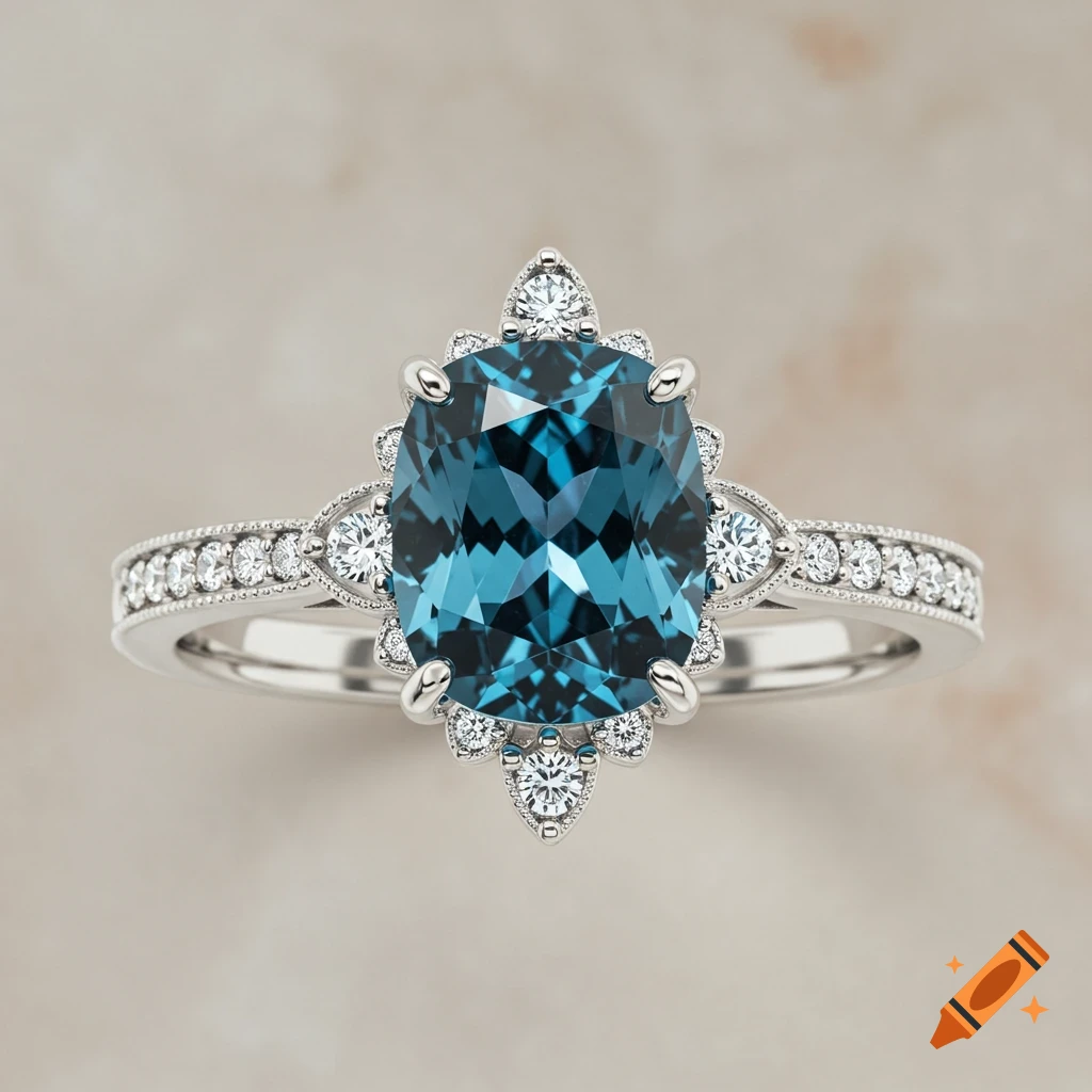 An elegant white gold engagement ring featuring a large oval London blue topaz gemstone surrounded by small diamonds in a vintage French pave setting.