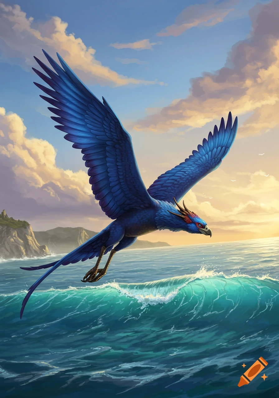 A large blue mythical bird with outstretched wings and red-gold head accents flies low over a turquoise ocean with waves, under a cloudy sunset sky with distant cliffs.