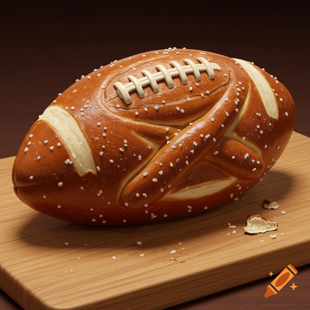 Photorealistic pretzel shaped like a football, sprinkled with salt, resting on a wooden cutting board.