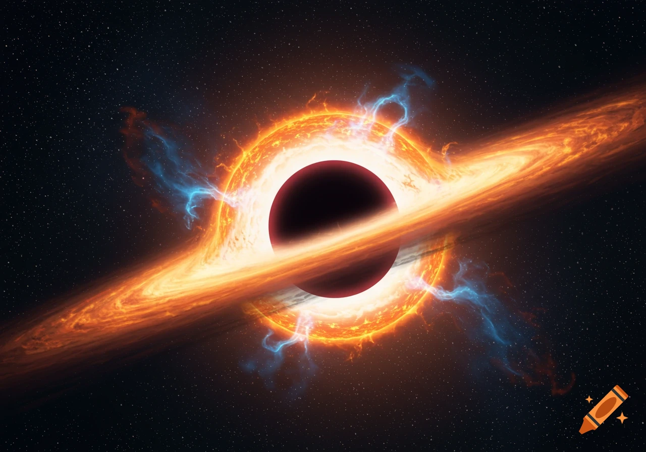 A vibrant image of a quasi-star with a black hole core, surrounded by a fiery orange-yellow accretion disk and blue plasma.