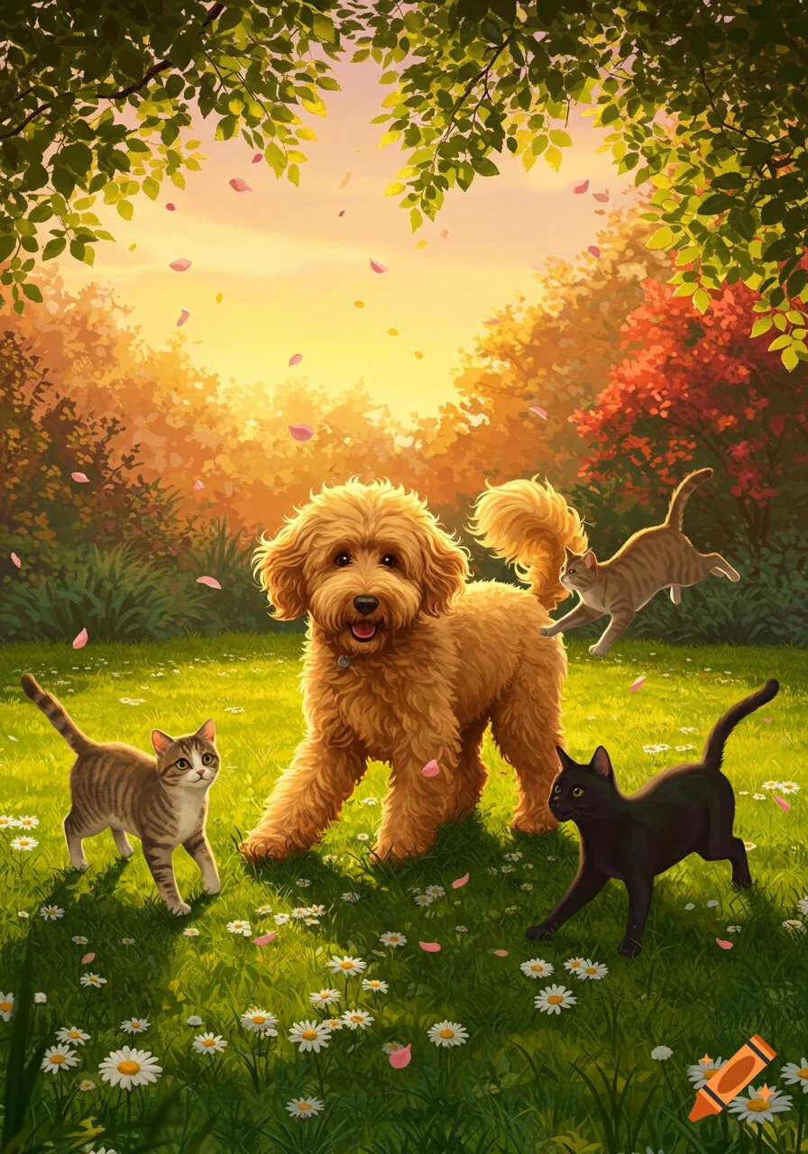 An illustration of a Golden Doodle dog with three cats in a sunny grassy field with daisies and falling pink petals.