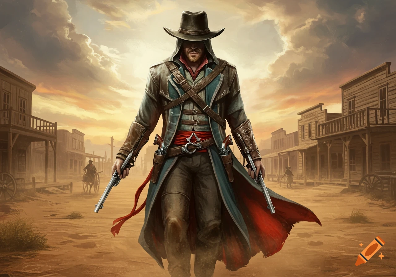 An assassin in a hooded hat and long coat stands in a dusty Wild West town at sunset, holding two revolvers. Digital painting.
