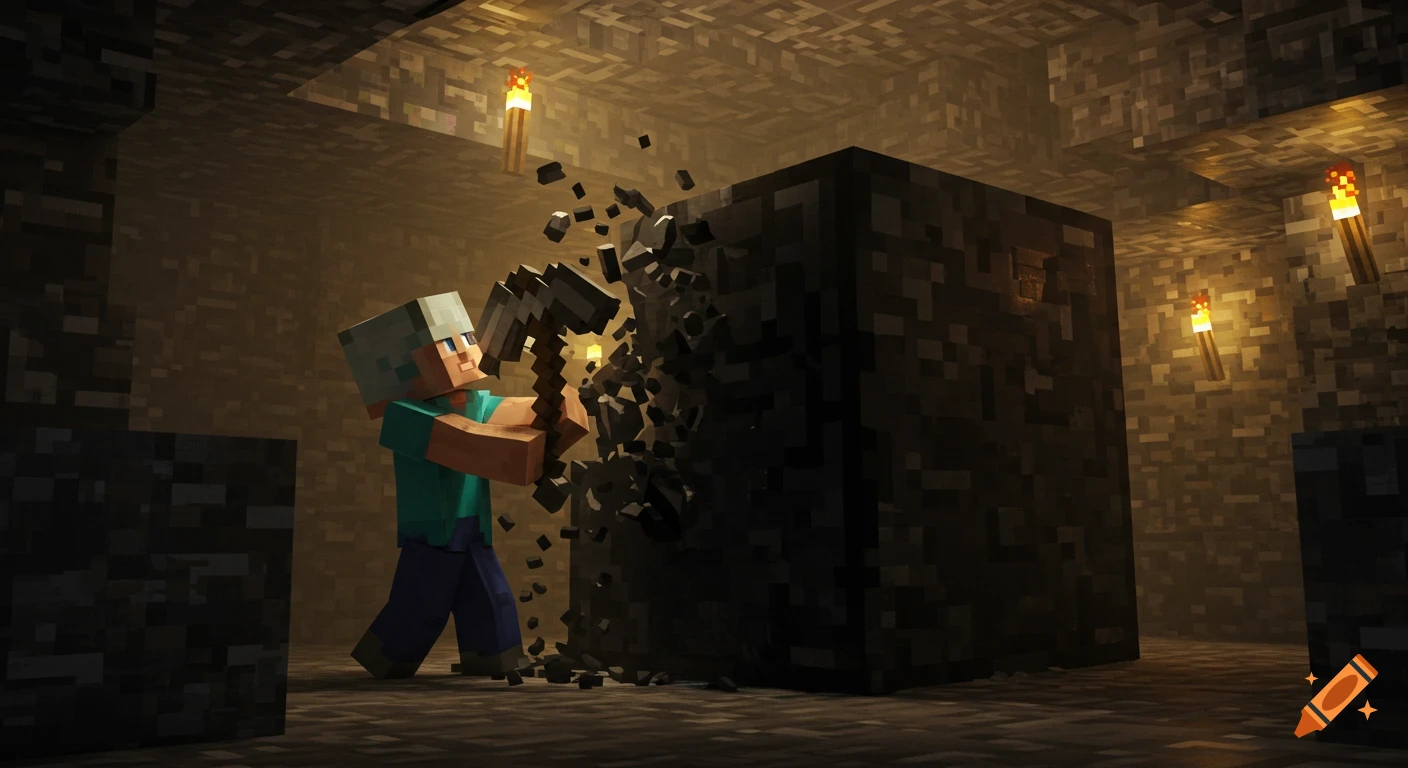 A blocky Minecraft character mines a large coal block in a dimly lit cave with torches.