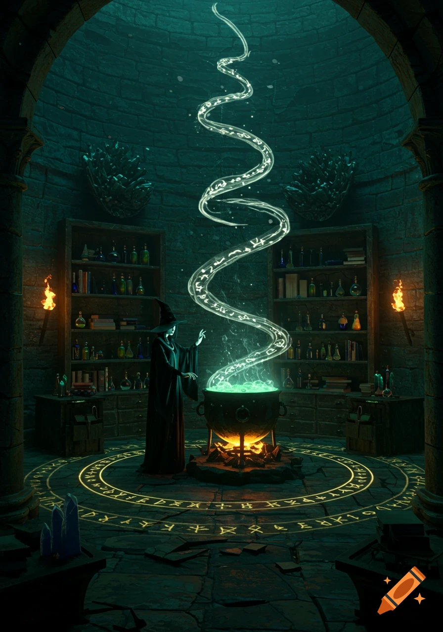 A mysterious witch in black robes brews a glowing green cauldron in a dark, ancient stone chamber adorned with arcane symbols.