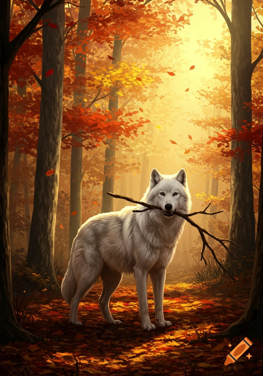 A white wolf holding a stick stands in a vibrant autumn forest bathed in golden light, digital art.