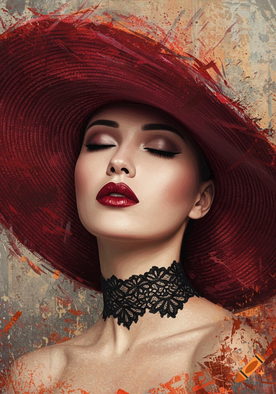A digital painting close-up of a serene woman with closed eyes, wearing a wide-brimmed red hat and black lace choker, against an abstract background.