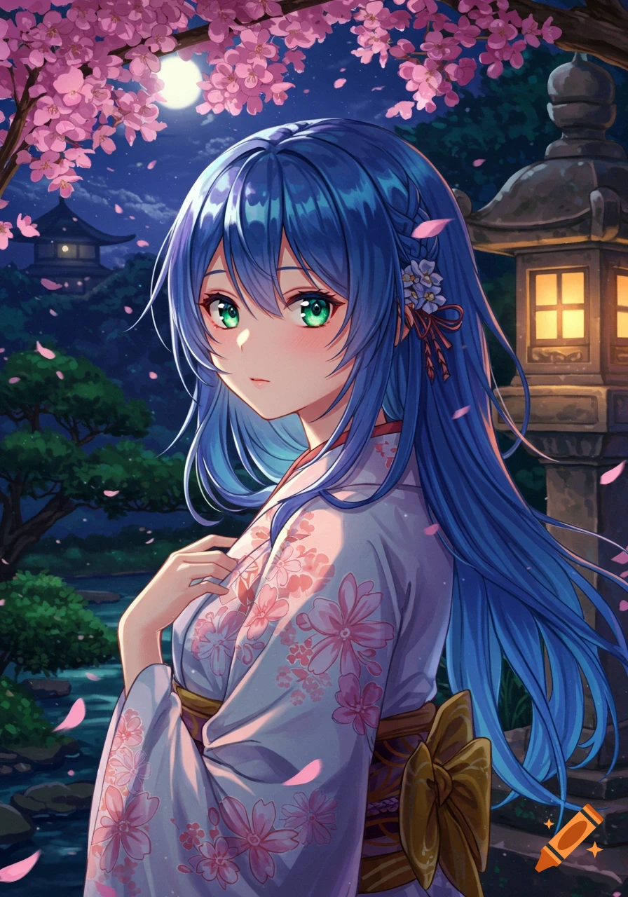 An anime girl with blue hair in a kimono stands under cherry blossoms ...