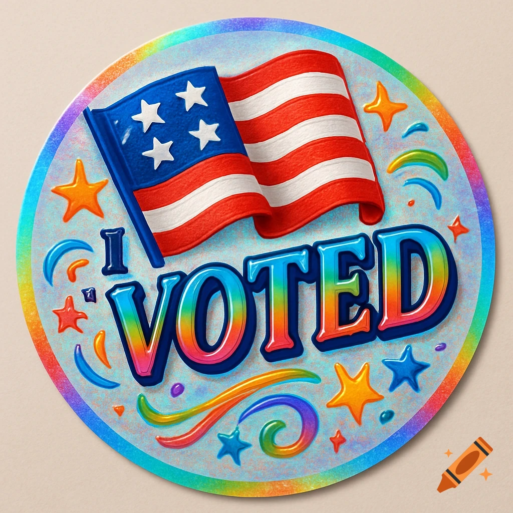 A vibrant, colorful 'I Voted' sticker with an American flag, rainbow border, and decorative stars.