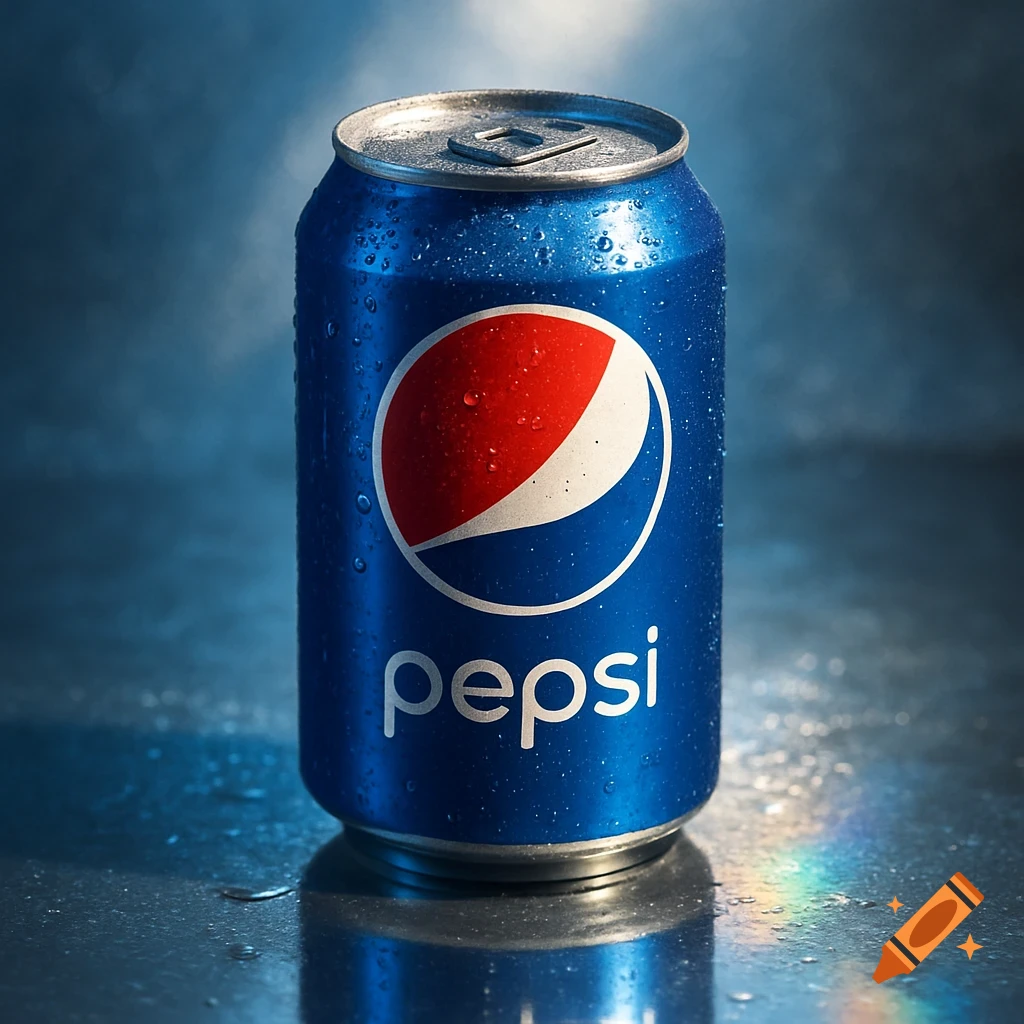 A cold, wet Pepsi can with its logo clearly visible, sitting on a reflective surface with water droplets in a photorealistic style.