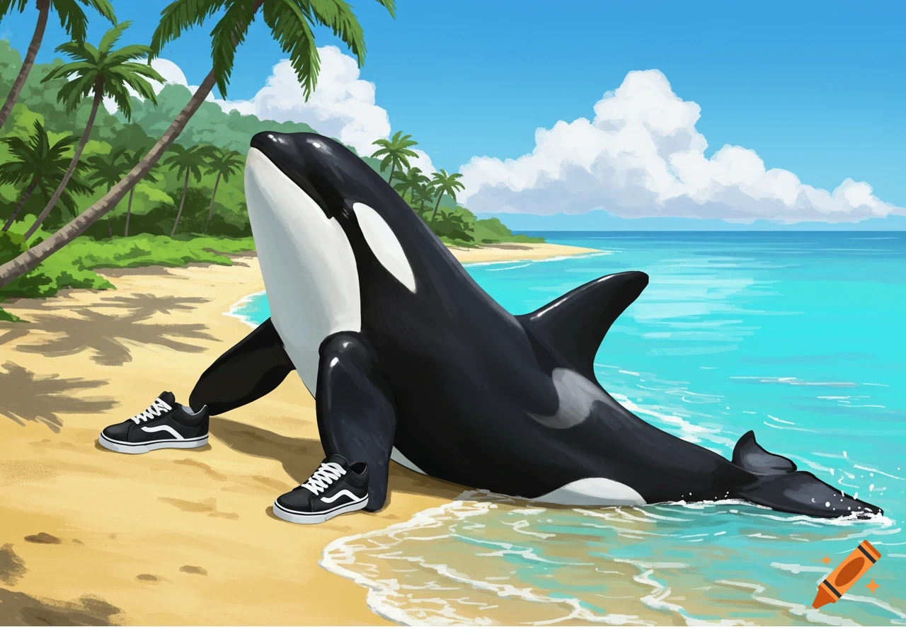 A cartoon orca stands on a sandy tropical beach, wearing black and white sneakers, with the ocean and palm trees in the background.