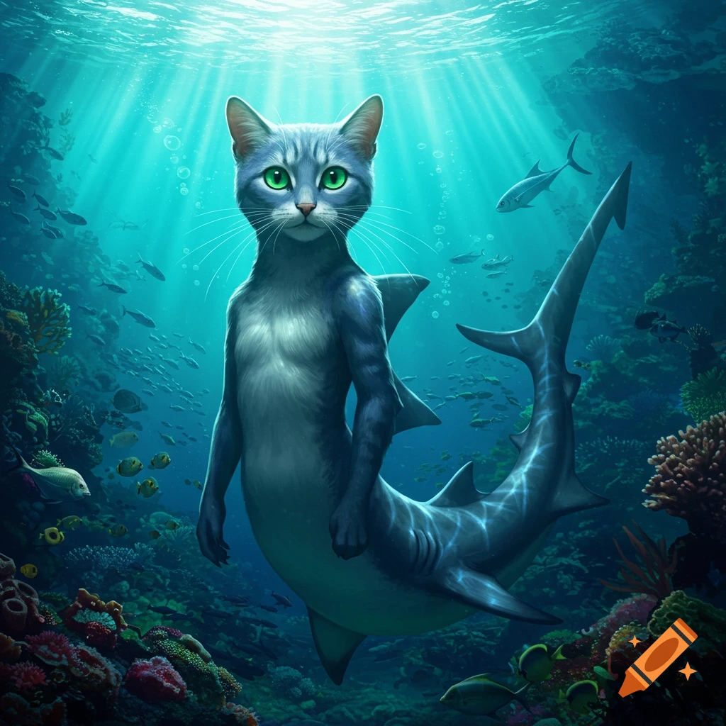 An anthropomorphic gray tabby cat with bright green eyes and a shark body swims in a vibrant coral reef, digital art.