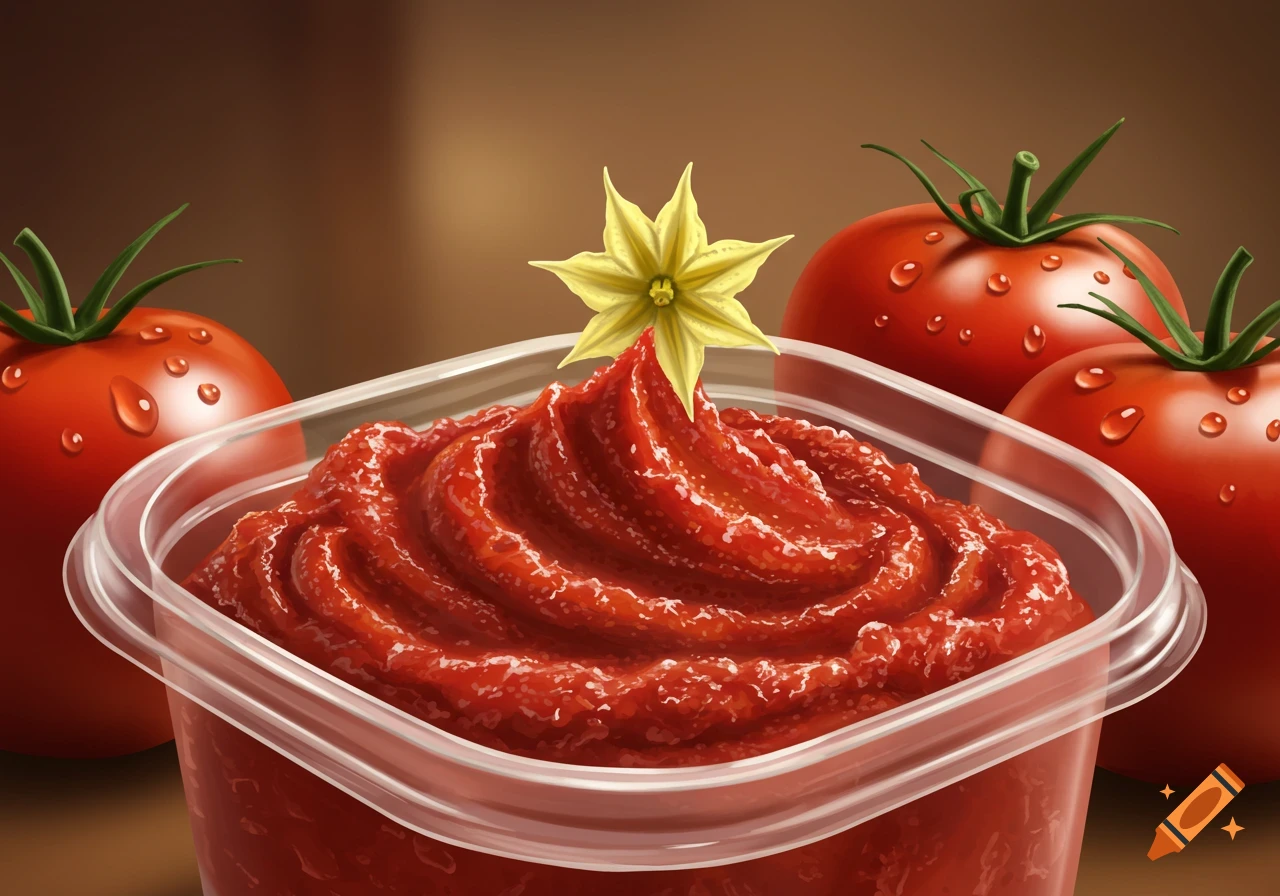 Tomato paste in a clear container, garnished with a yellow tomato flower, surrounded by fresh tomatoes with water droplets. Photorealistic style.