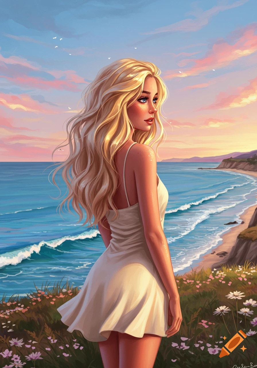 Vibrant digital art of a blonde woman in a white dress looking over the ocean at sunset from a grassy cliff.