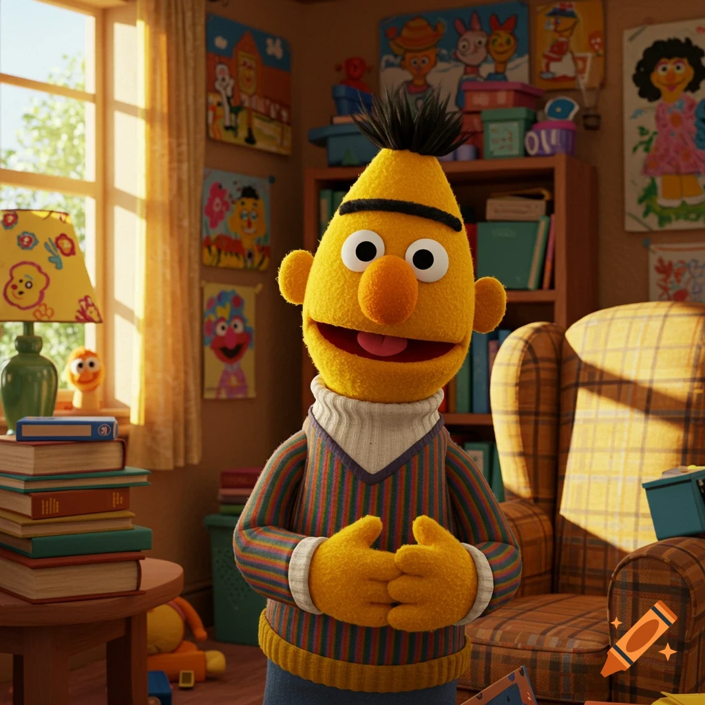 Bert from Sesame Street smiling in a brightly lit, colorful room with books, a lamp, and drawings on the wall.