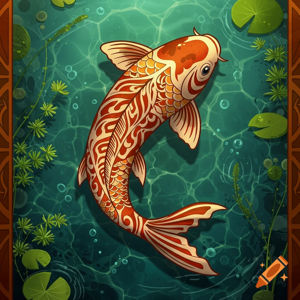 A stylized orange and white koi fish with intricate patterns swims in clear blue-green water with lily pads and aquatic plants.
