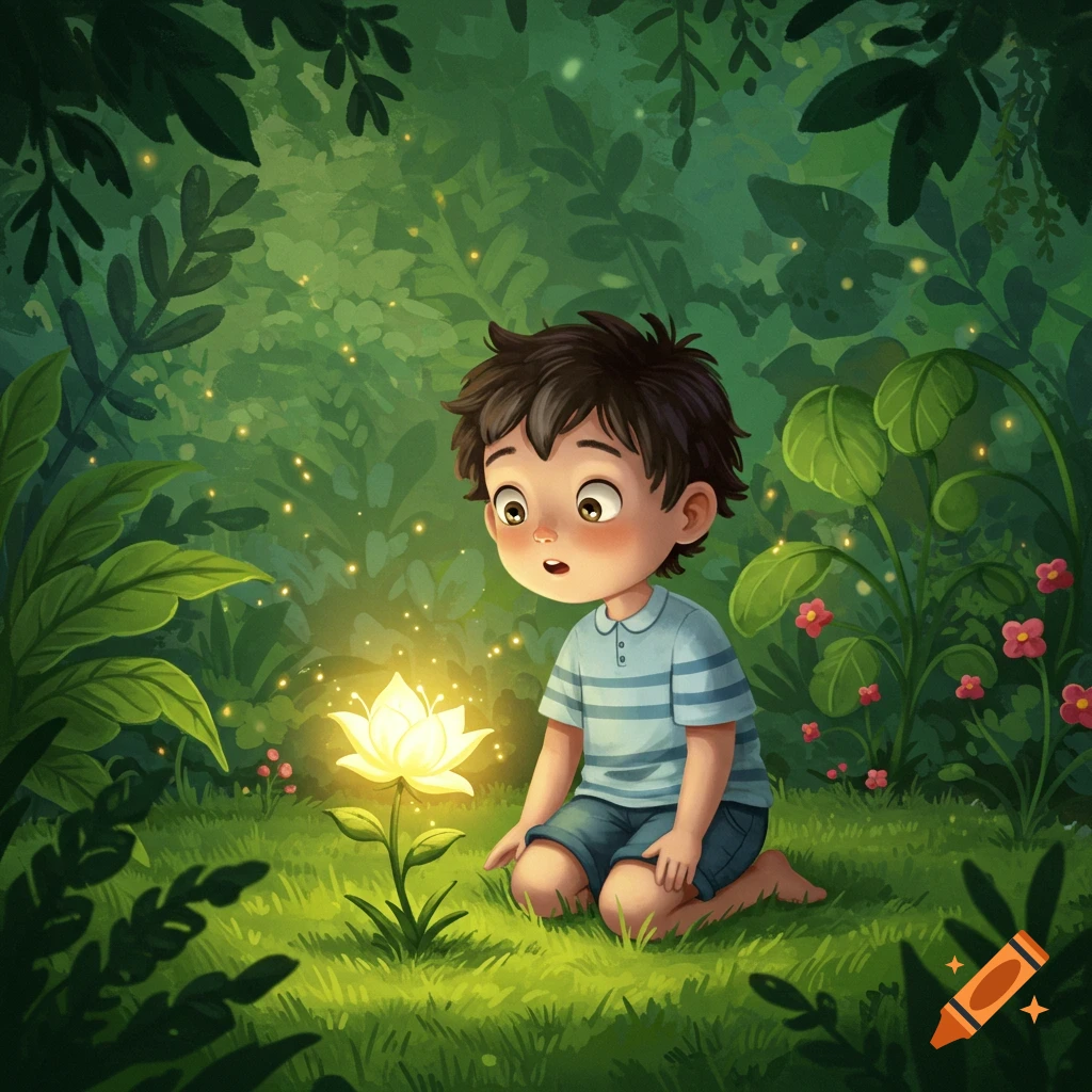 A cartoon boy with dark hair kneels in a lush green garden, looking surprised at a brightly glowing white flower.