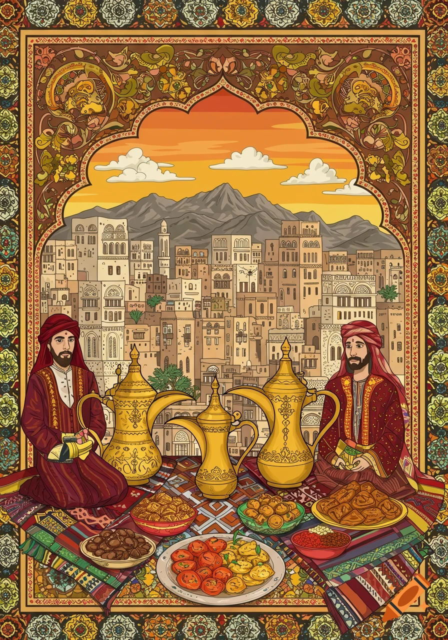 Two men in traditional Yemeni clothing sit with coffee pots and food before an old city, mountains, and ornate patterns in a colorful illustration.