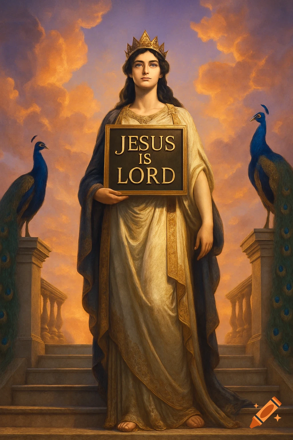 A regal crowned woman holding a sign 'Jesus is Lord', flanked by peacocks on classical steps under a dramatic sky, painted in a classical style.