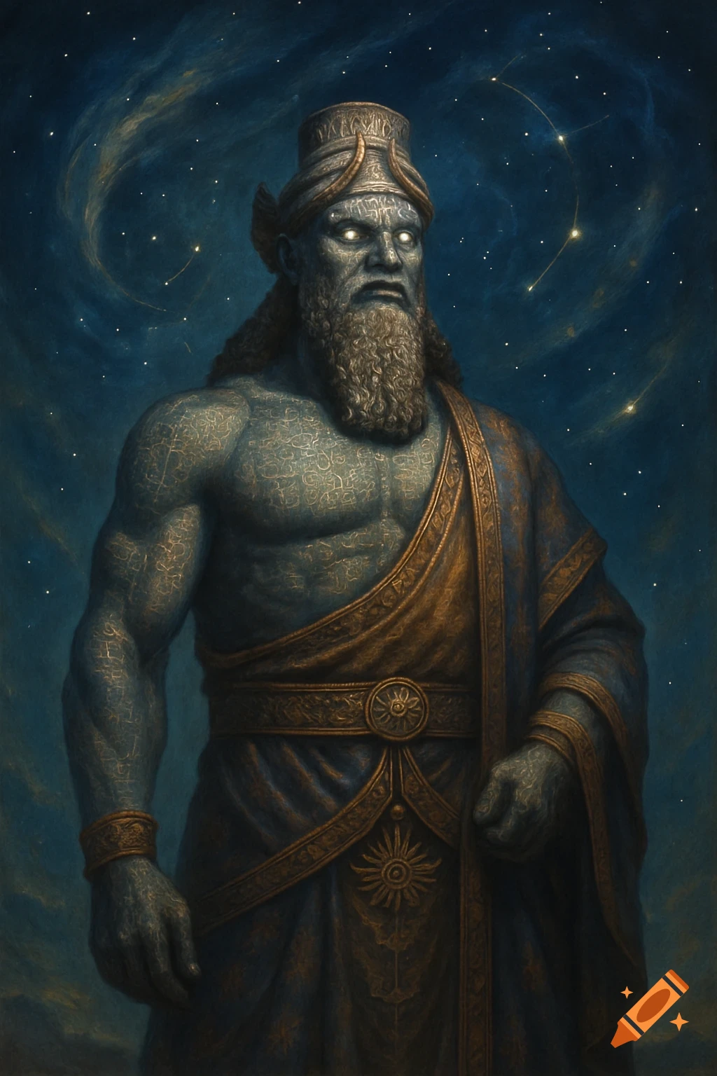A powerful, blue-skinned figure with a beard, glowing eyes, and ancient robes stands against a starry, nebulous sky.