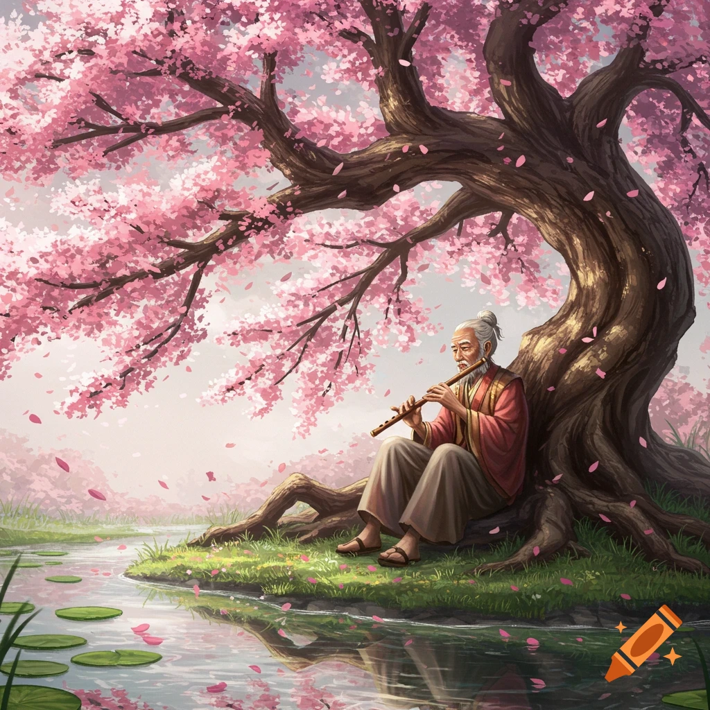 An old man with a topknot and beard plays a flute under a vibrant pink cherry blossom tree by a tranquil river. Illustrated.