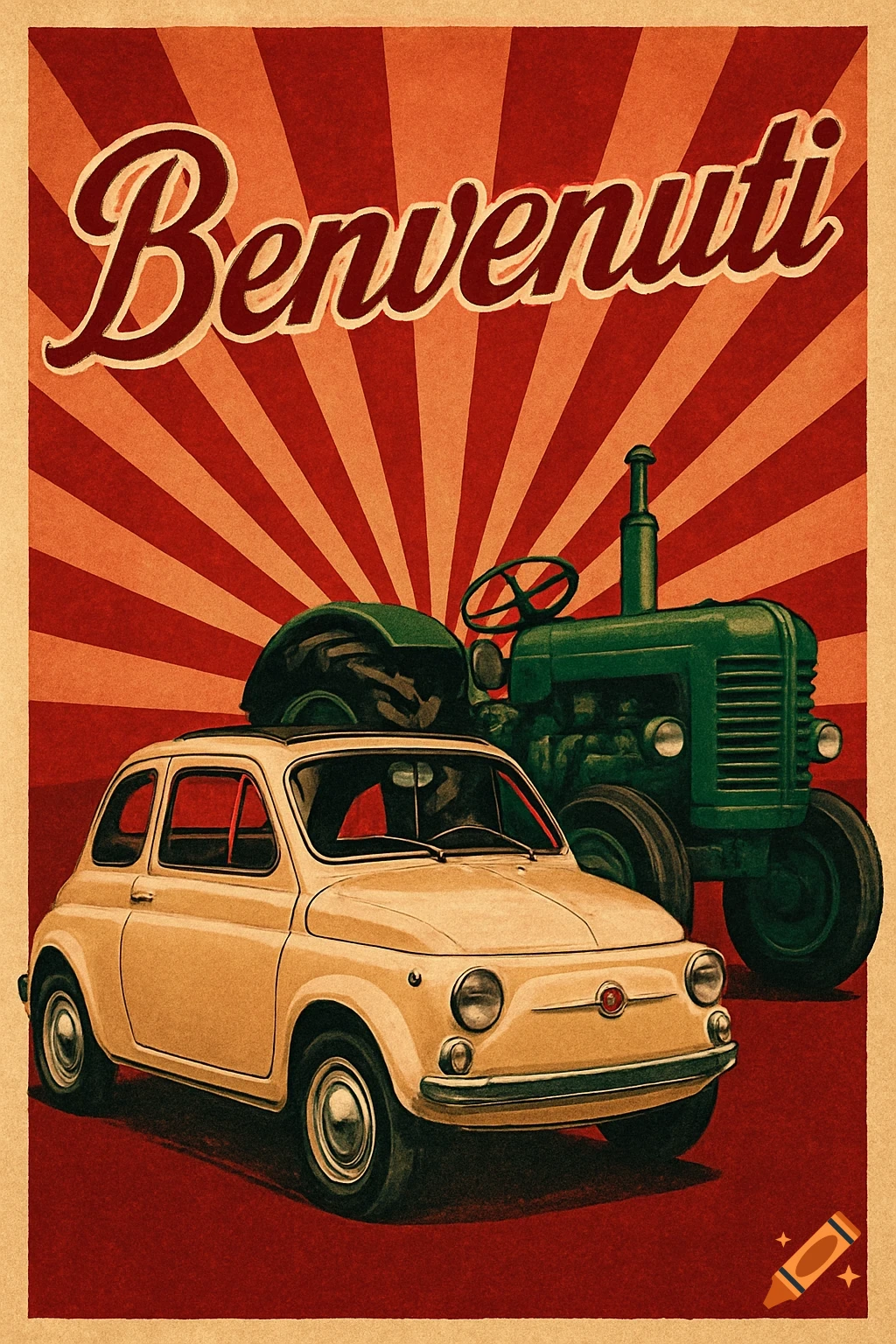 A vintage poster featuring a cream Fiat 500 and a green tractor against a red and beige sunburst background, with 'Benvenuti' written at the top.