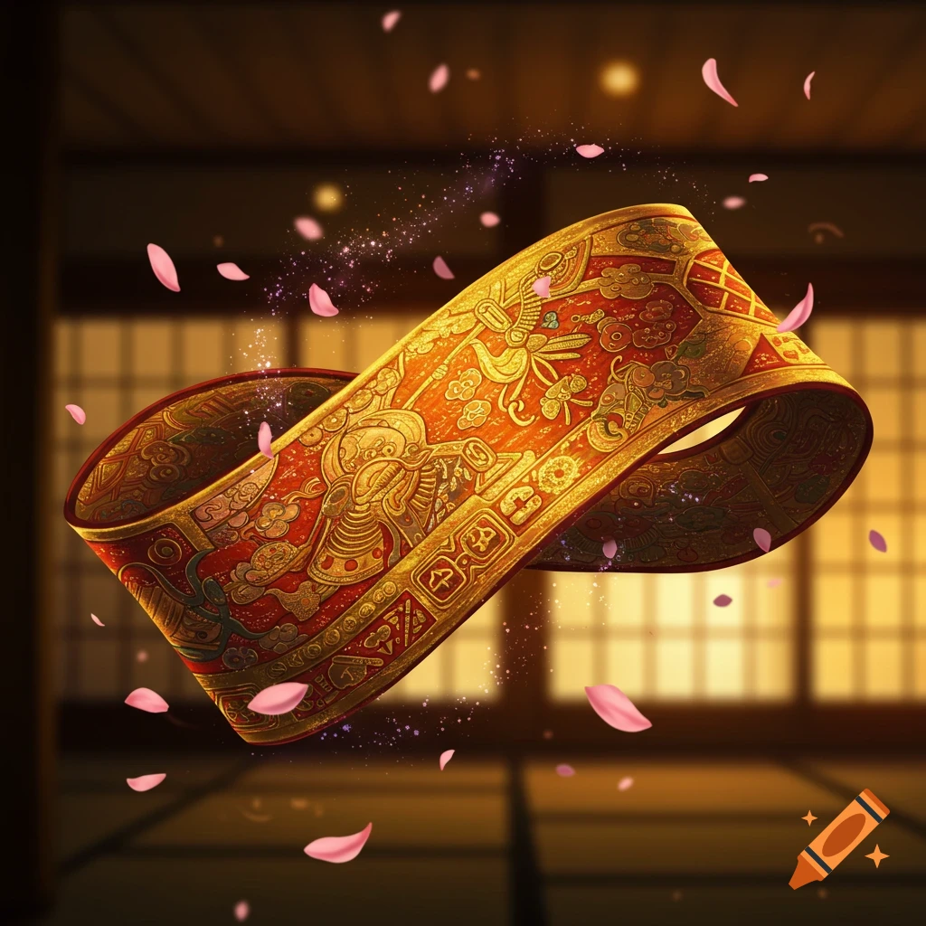 A magical, intricately patterned golden and red obi belt floats gracefully amidst falling pink cherry blossom petals and sparkles, set against a blurred traditional Japanese interior.