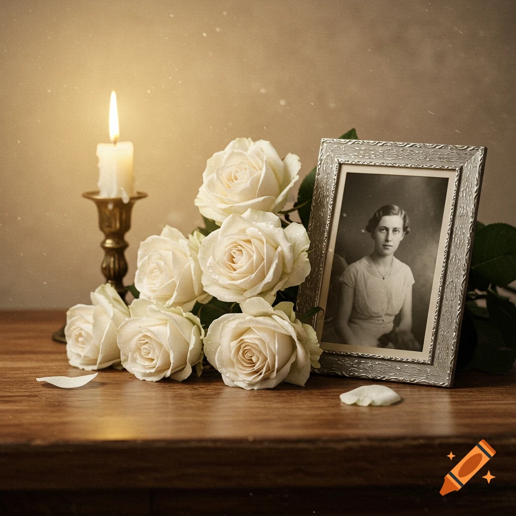 A lit candle next to a bouquet of white roses and a framed vintage black and white photo of a woman on a wooden table.