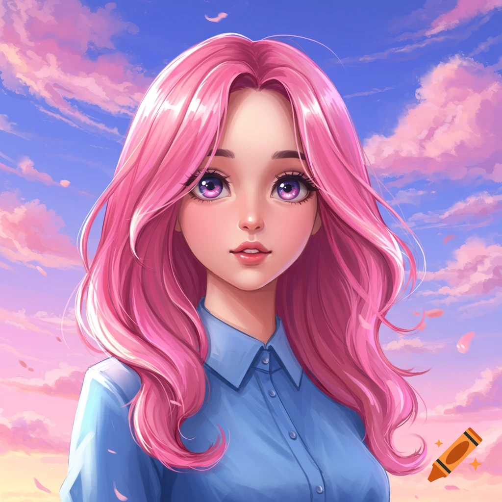 Anime girl with long pink hair and purple eyes, wearing a blue collared shirt, set against a vibrant pink and blue cloudy sky.