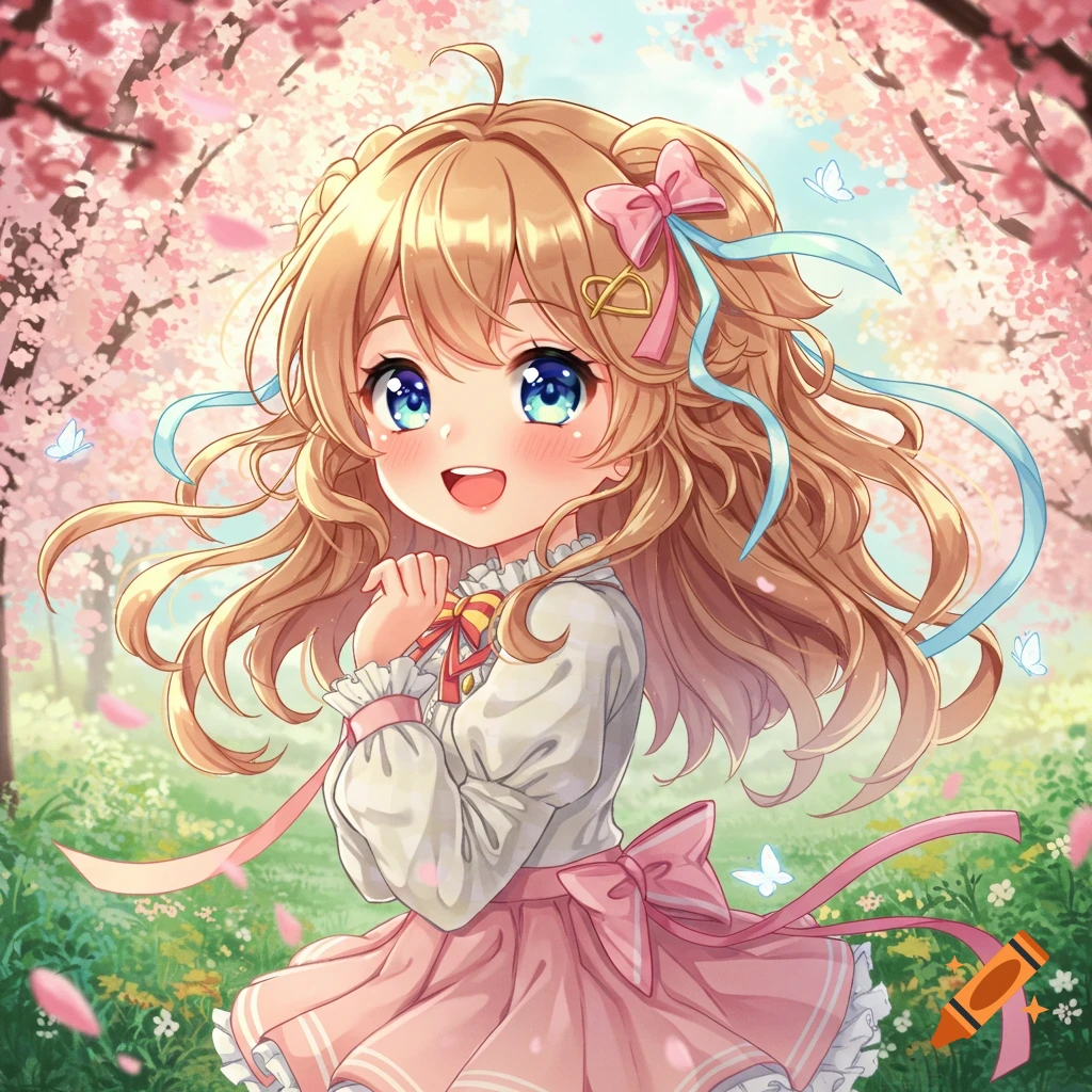 A cute anime girl with blonde curly hair and blue eyes smiles with clasped hands in a vibrant cherry blossom forest with butterflies.