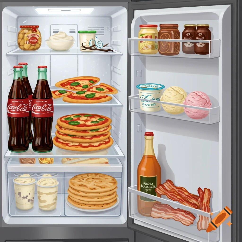 An open refrigerator filled with food and drinks including Coca-Cola, pizzas, ice cream, yogurt, bacon, and piadine in an illustrated style.